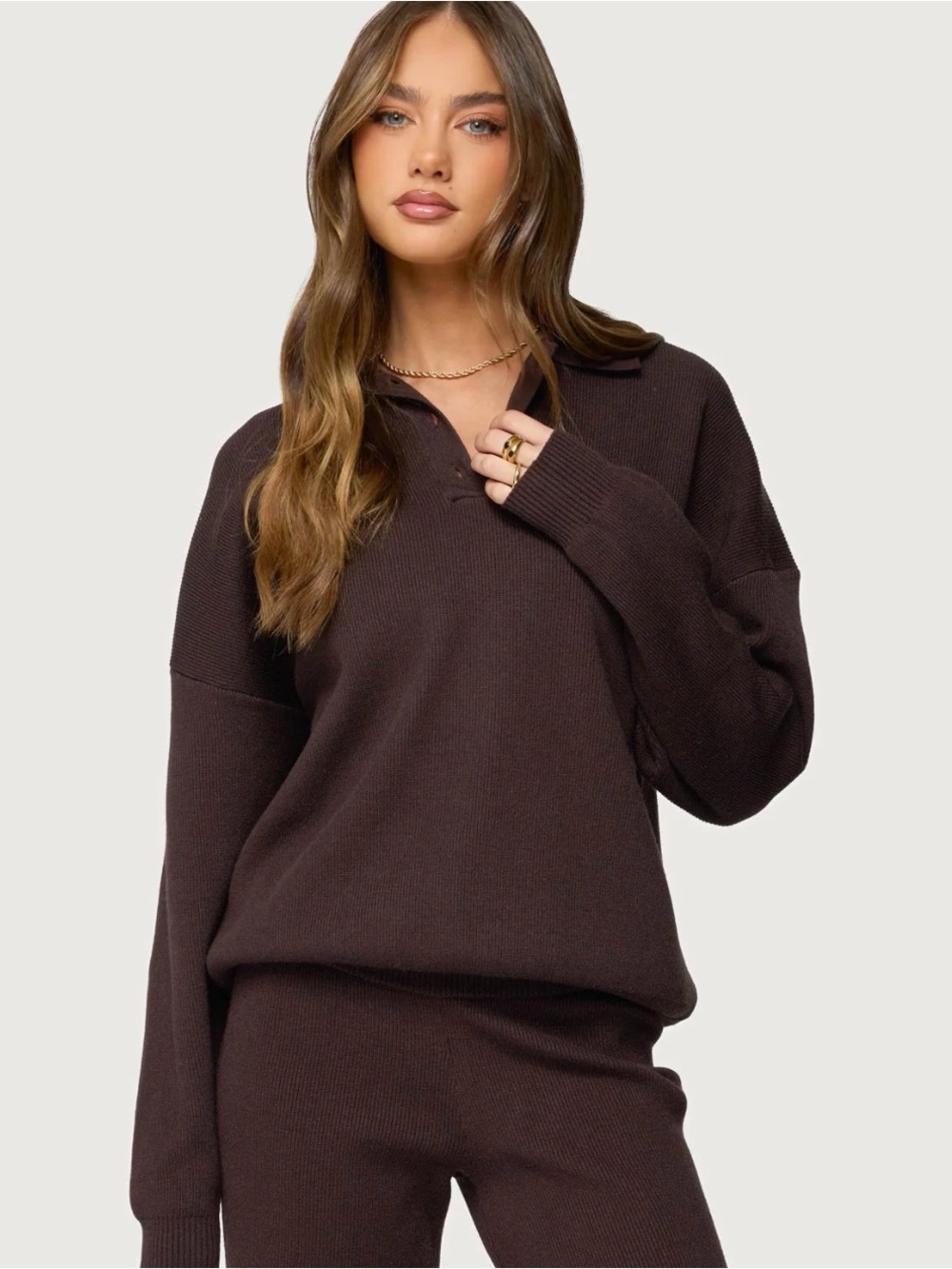 Edikted Ribbed V-Neck Polo Sweater in Dark Brown